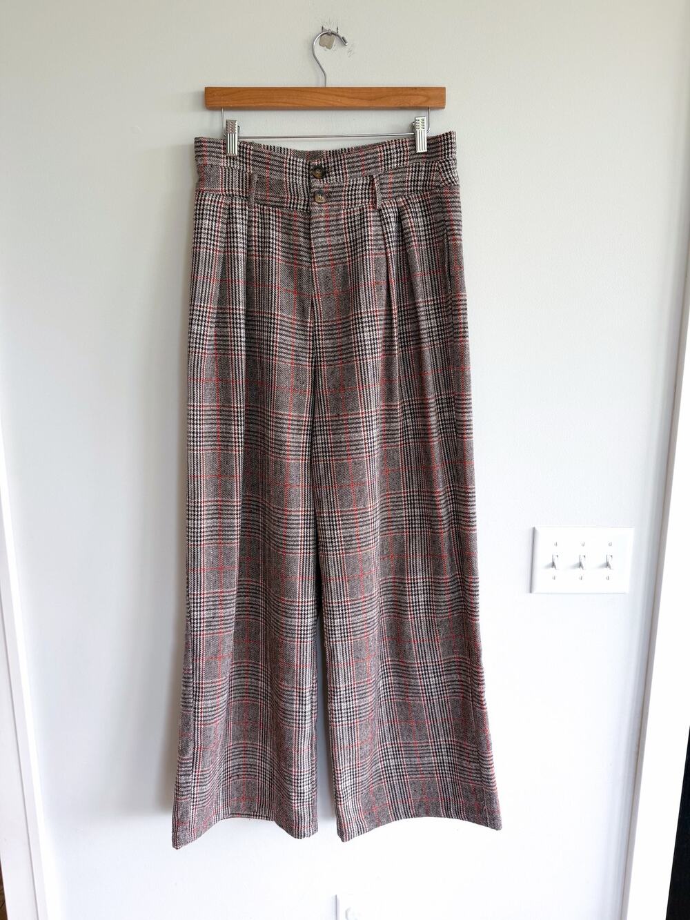 Commense Plaid Pattern High Rise Wide Leg Pants Brown Red L NWT